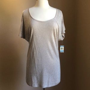 NWT INC short sleeve tunic top shirt jersey gold silver rhinestone cold shoulder